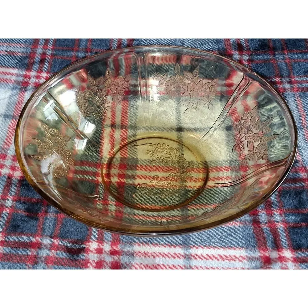 VTG Federal Glass Sharon Cabbage Rose Yellow Amber Salad Serving Bowl 8.5”